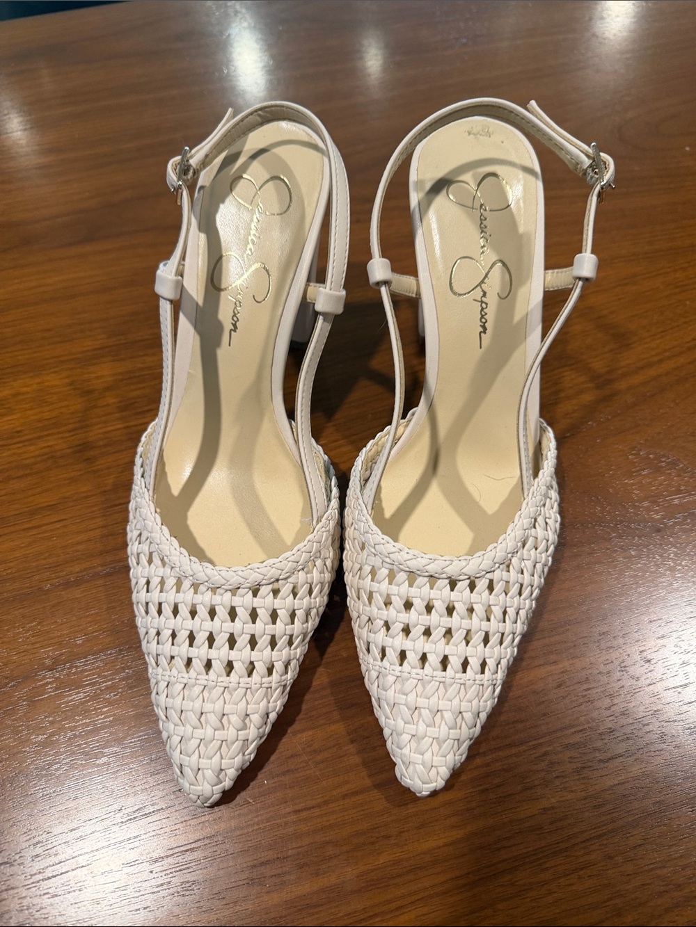 Cream Woven Pointed-Toe Slingback Mules